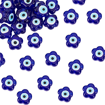 Handmade Evil Eye Lampwork Beads, Flower, Dark Blue, 11x12x6mm, Hole: 1.6mm, about 33pcs/strand, 14.57''(37cm), 1strand/box