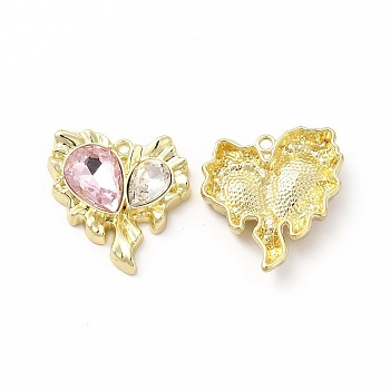 Rack Plating Alloy with Glass Pendants, Light Gold, Heart with Teardrop Charms, Cadmium Free & Nickel Free & Lead Free, Pink, 29.5x27x16.5mm, Hole: 1.8mm