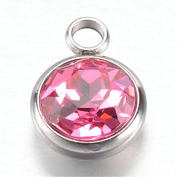 304 Stainless Steel Glass Rhinestone Charms, October Birthstone Charms, Faceted, Flat Round, Pearl Pink, 14x10x7mm, Hole: 2.5mm