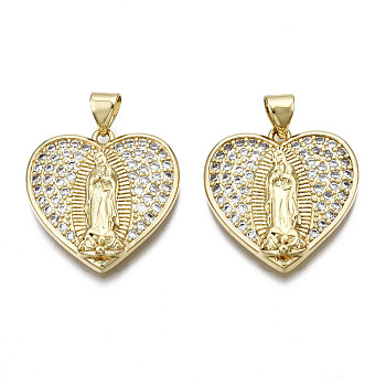 Brass Micro Pave Clear Cubic Zirconia Pendants, Lady of Guadalupe Charms, Nickel Free, Heart with Virgin Mary, Real 16K Gold Plated, 22x22x4.5mm, Hole: 3.5x4.5mm