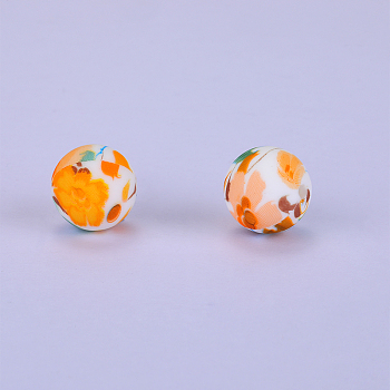 Printed Round with Flower Pattern Silicone Focal Beads, Gold, 15x15mm, Hole: 2mm
