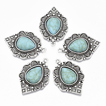 Tibetan Style Alloy Pendants, with Synthetic Turquoise, Cadmium Free & Lead Free, Teardrop, Antique Silver, 36.5x25x6mm, Hole: 1.8mm