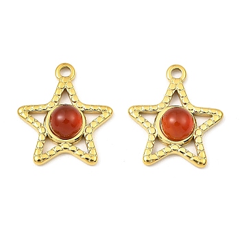 Natural Red Agate Pendants, Ion Plating(IP) 316 Stainless Steel Star Charms, Real 24K Gold Plated, 20x17.5x5mm, Hole: 1.8mm