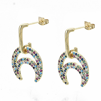 Brass Micro Pave Cubic Zirconia Dangle Stud Earrings, with Earring Backs, Nickel Free, Moon, Real 16K Gold Plated, Colorful, 30mm, Pin: 0.8mm