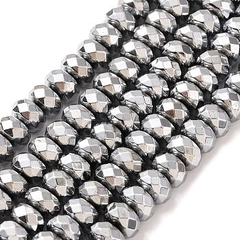 Electroplate Non-magnetic Synthetic Hematite Beads Strands, Faceted, Rondelle, Grade A, Platinum Plated, 8x4mm, Hole: 1.2mm, about 83pcs/strand, 16 inch