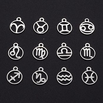 201 Stainless Steel Charms, Laser Cut, Ring with 12 Constellations, Stainless Steel Color, 13x10.5x1mm, Hole: 1.6mm, 12pcs/set
