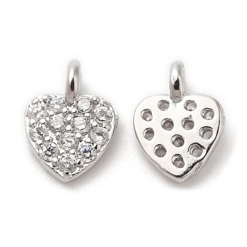 Brass & Cubic Zirconia Charms, Heart Charm, Real Platinum Plated, 7x5x2.5mm, Hole: 1.2mm