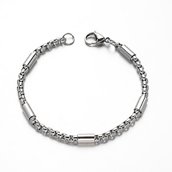 Box Chain Bracelets, 304 Stainless Steel Bracelets, with Tube Beads and Lobster Claw Clasps, Stainless Steel Color, 210x4mm