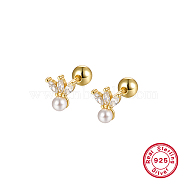 925 Sterling Silver Micro Pave Cubic Zirconia Flower Stud Earrings, with Natural Pearl and 925 Stamp, Real 18K Gold Plated, 6mm(CX0038-2)