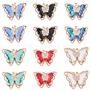24Pcs 6 Colors Brass with Glass Pendants, with Crystal Rhinestone, Butterfly Charms, Mixed Color, 15.5x21x7mm, Hole: 1.2mm, 4pcs/color(KK-SC0003-60)
