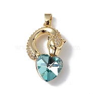 Real 18K Gold Plated Rack Plating Brass Micro Pave Clear Cubic Zirconia Pendants, with Glass, Long-Lasting Plated, Cadmium Free & Lead Free, Leopard with Heart Charm, Pale Turquoise, 28.5x17.5x8mm, Hole: 5x3.2mm(KK-C015-12G-01)