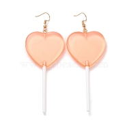 Transparent Heart-shape Lollipop Dangle Earrings for Women, Candy Color Simulation Food Drop Earrings, Golden, Coral, 97~99mm, Pin: 0.5mm(EJEW-Z015-05B)