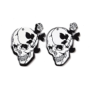 Halloween Printed Acrylic Pendants, Rose with Skull, Rose Pattern, 41x31x2.3mm, Hole: 1.8mm(SACR-G026-02D)