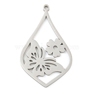 Non-Tarnish 304 Stainless Steel Pendants, Laser Cut, Teardrop with Butterfly & Flower Charm, Stainless Steel Color, 34.5x20x1.3mm, Hole: 1.6mm(STAS-Z076-11P)