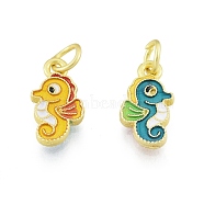 Alloy Enamel Charm, with Jump Rings, Matte Gold Color, Sea Horse, Colorful, 13.5x7.5x1.8mm, Hole: 3.6mm(PALLOY-P285-22MG-01)