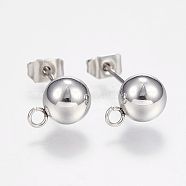 201 Stainless Steel Ball Stud Earring Post, Earring Findings, with Loop and 304 Stainless Steel Pins, Round, Stainless Steel Color, 7mm, Hole: 1.5mm, pin: 0.8mm(X-STAS-F088-01P)