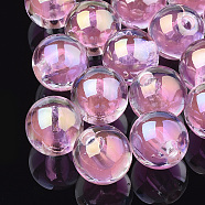 Transparent Acrylic Beads, UV Plating & Rainbow, Bead in Bead, Half Drilled Beads, Round, Pearl Pink, 15.5x15mm, Half Hole: 3.5mm(TACR-S148-11C)