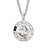 Unisex 201 Stainless Steel Constellation Pendant Necklaces, with Curb Chains, Laser Engraved Pattern, Flat Round, Pisces, 13.19 inch(335mm) (NJEW-T011-LA721-12)