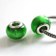 Handmade Silver Foil Glass European Beads, with Silver Color Plated Brass Cores, Rondelle, Green, 14x10mm, Hole: 5mm(LPDL-R008-07)