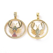 Brass Micro Pave Cubic Zirconia Pendants, Real 18K Gold Plated, Ring with Lobster Charm, Colorful, 30x28x5mm, Hole: 5.5x3mm(KK-E068-VF014)