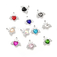Alloy Glass Pendants, Crystal Rhinestone Heart with Wing Charm, Platinum, Mixed Color, 21.5x22.5x5.5mm, Hole: 2mm(ALRI-C007-07P)