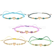5Pcs 5 Colors Adjustable Nylon Cord Braided Bead Bracelets, with Glass Seed Beads, Brass Heart Beads, Alloy Spacer Beads, Natural Gemstone Beads and Velvet Bag Beads, Mixed Color, Inner Diameter: 2-1/8~3-7/8 inch(5.5~9.8cm), 1pc/color(BJEW-SZ0001-24)