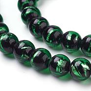 Handmade Silver Foil Lampwork Beads Strands, Round, Green, 10mm, Hole: 2mm, 40pcs/strand, 14.57 inch(FOIL-L016-C02)