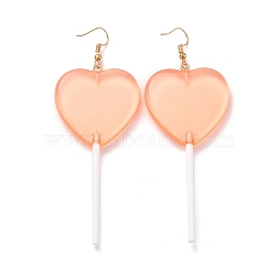 Transparent Heart-shape Lollipop Dangle Earrings for Women, Candy Color Simulation Food Drop Earrings, Golden, Coral, 97~99mm, Pin: 0.5mm(EJEW-Z015-05B)