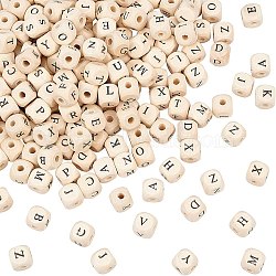 Natural Wooden European Beads, Large Hole Beads, Undyed, Cube with Letter, Antique White, 10x9.5x9.5mm, Hole: 4mm(WOOD-OC0001-42A)