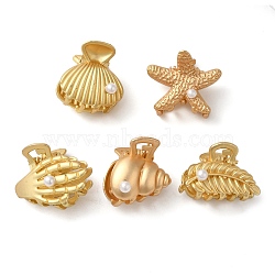 5Pcs 5 Styles Ocean Theme Alloy Claw Hair Clips, with Imitation Pearl Beads, Shell & Starfish & Conch & Leaf & Skull Hand, Matte Gold Color, 18~23x21~26.5x19~25mm, 1pc/style(MRMJ-P018-01MG)