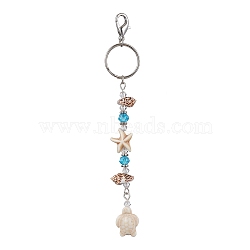 Dyed Synthetic Turquoise Pendant Decorations, with Natural Shell Charms and Zinc Alloy Lobster Claw Clasps, Turtle & Starfish & Conch, Floral White, 120mm(HJEW-JM01493-02)