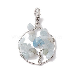 Tree of Life Wire Wrapped Natural Aquamarine Pendant Decorations, Lobster Claw Clasps Ornaments for Bag Key Chain, 38mm(HJEW-JM01877)