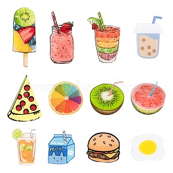 12Pcs 12 Style Acrylic Badges Brooch pins, Cute Lapel Pin, Pizza & Hamburger & Kiwi Fruit & Watermelon & Fried Egg & Juice & Drink & Milk Tea & Fruit Ice-lolly & Orange Shape & Milk, Mixed Color, 34~62x25~38.5x7~8.5mm, Pin: 0.7~0.8mm, 1pc/style(JEWB-LS0001-11)