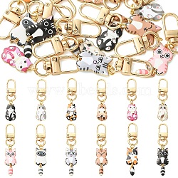 12Pcs 12 Styles Plating Alloy Enamel Cat Shape Pendant Decorations, with Swivel Clasps, Golden, Mixed Color, 61~75mm, 1pc/style(HJEW-YW00486)