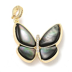 Brass Micro Pave Clear Cubic Zirconia Pendants, with Black Lip Shell, Butterfly Charms, Real 18K Gold Plated, 27.5x26x5.5mm, Hole: 4x3mm(KK-L211-020G-01)