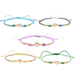 5Pcs 5 Colors Adjustable Nylon Cord Braided Bead Bracelets, with Glass Seed Beads, Brass Heart Beads, Alloy Spacer Beads, Natural Gemstone Beads and Velvet Bag Beads, Mixed Color, Inner Diameter: 2-1/8~3-7/8 inch(5.5~9.8cm), 1pc/color(BJEW-SZ0001-24)