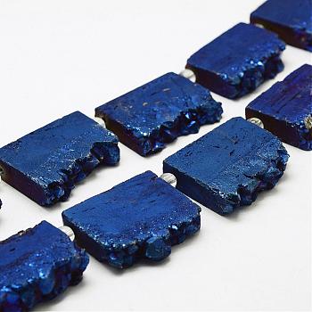 Electroplated Natural Druzy Crystal Beads Strands, Flat Slab Beads, Nuggets, Dyed, Blue Plated, 35~37x23~42x8~9mm, Hole: 2~2.5mm, about 5pcs/strand, 8.07 inch~8.26 inch (20.5~21cm)