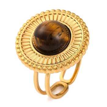 Flat Round Natural Tiger Eye Finger Rings, Golden Tone 304 Stainless Steel Cuff Rings for Women, Inner Diameter: 17mm