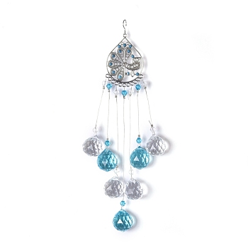 Crystals Chandelier Suncatchers Prisms Chakra Hanging Pendant, with Iron Cable Chains & Links, Glass Beads, Teardrop, Platinum, 220mm