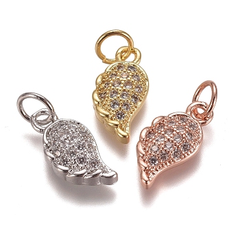 Brass Micro Pave Clear Cubic Zirconia Charms, with Jump Rings, Wing, Mixed Color, 13.5x7x3mm, Hole: 3mm