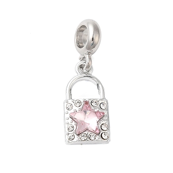 Rack Plating Alloy Light Rose Rhinestone European Dangle Charms, Large Hole Star Lock Pendants, Cadmium Free & Nickel Free & Lead Free, Platinum, 30mm, Hole: 5mm