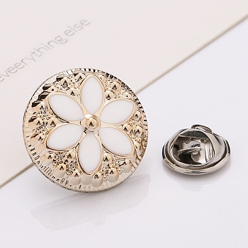 Plastic Brooch, Alloy Pin, with Enamel, for Garment Accessories, Round with Flower, Snow, 21mm