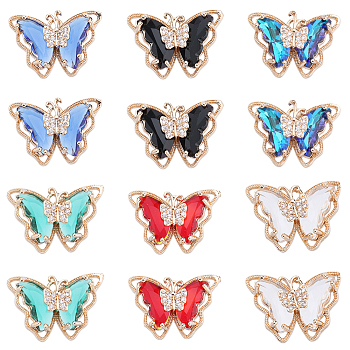 24Pcs 6 Colors Brass with Glass Pendants, with Crystal Rhinestone, Butterfly Charms, Mixed Color, 15.5x21x7mm, Hole: 1.2mm, 4pcs/color
