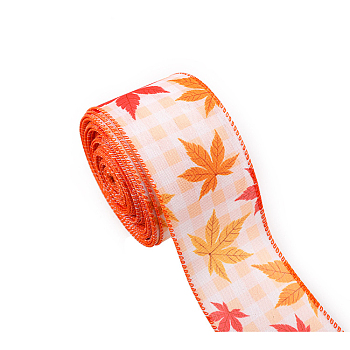 10 Yards Thanksgiving Day Printed Polyester Ribbons, Flat, Leaf, 2-1/2 inch(63mm)