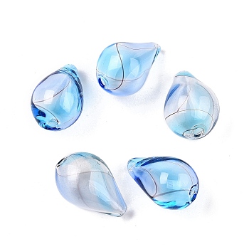 Transparent Handmade Blown Glass Globe Beads, Stripe Pattern, Teardrop, Dodger Blue, 19~23x14~17mm, Hole: 1~4mm