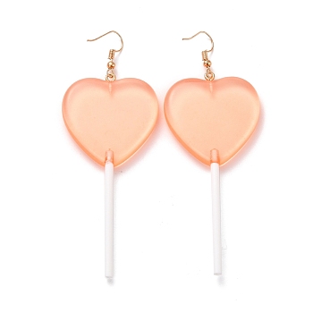 Transparent Heart-shape Lollipop Dangle Earrings for Women, Candy Color Simulation Food Drop Earrings, Golden, Coral, 97~99mm, Pin: 0.5mm