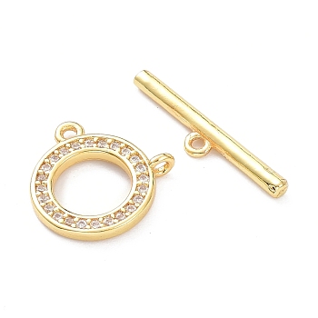 Brass Micro Pave Clear Cubic Zirconia Toggle Clasps, Ring, Golden, Ring: about 12mm wide, 12mm long, 1.5mm thick, Hole: 1mm, Bar: 4x19.5x2mm, Hole: 1mm