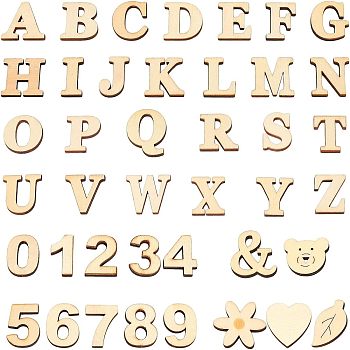 DIY Wood Alphanumeric Sticker Crafts, Mixed A~Z Alphabet & Number0~9 & Other Pattern, for Scrapbooking Decor, Blanched Almond, 38~24.5x33.5~15.5x4mm