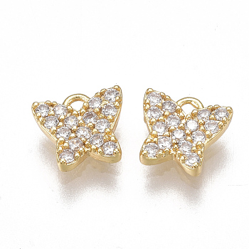 Brass Micro Pave Cubic Zirconia Charms, Nickel Free, Real 18K Gold Plated, Butterfly, Clear, 6x6x2mm, Hole: 0.9mm