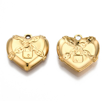 201 Stainless Steel Pendants, Locked Heart Charm, Real 18K Gold Plated, 19.5x20x3.5mm, Hole: 1.8mm